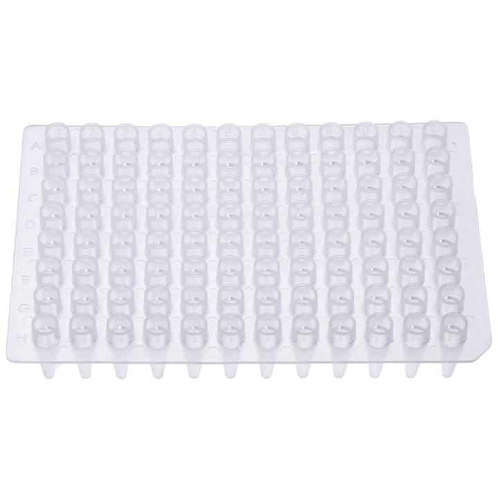 PCR plate, 96 wells, 200 μl, PP, unbleached, chimney type, no skirt, sterile, free of DNase and RNase.