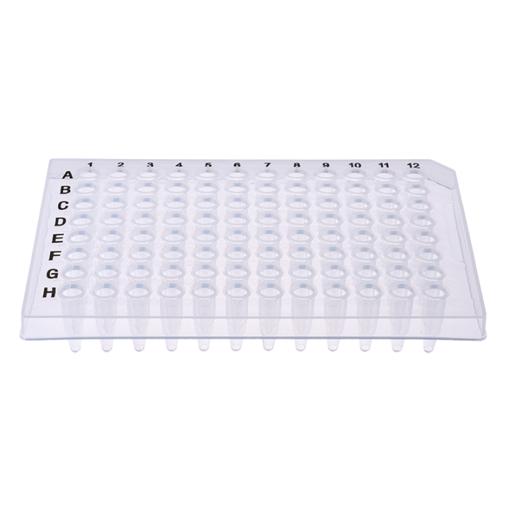 PCR plate, 96 wells, 200 μl, PP, natural color, non-chimney type, wide skirt, sterile, free of DNase and RNase.
